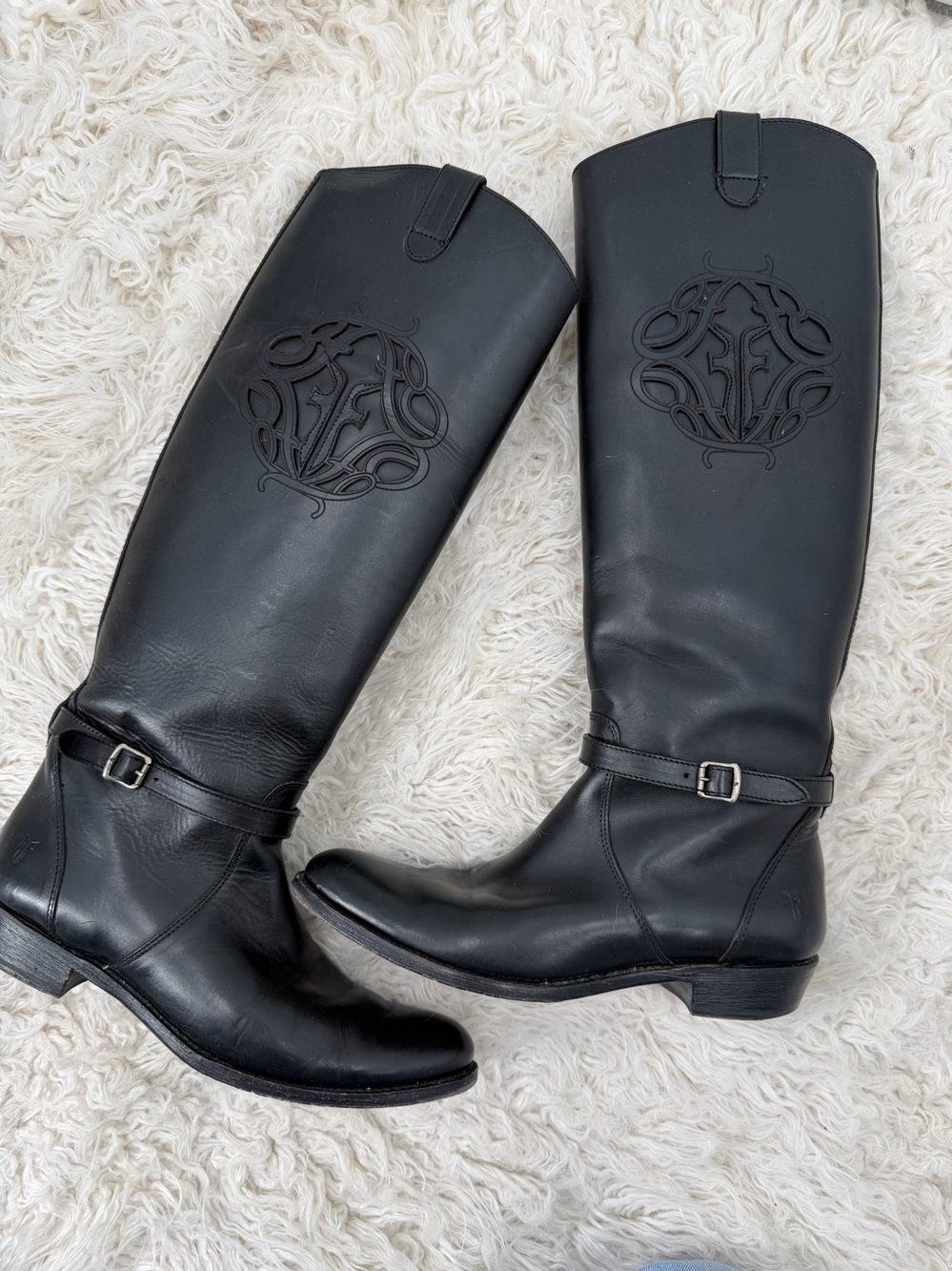 FRYE Leather Black Ryder Tall Logo Boots Women’s Size 9 B